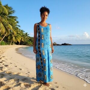 Tropic Threads Midi‎ Beach Dress Women XL Blue Tribal Print Fish Vacation Hawaii